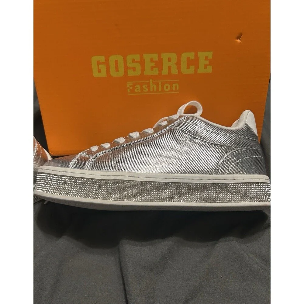 GOSERCE Silver White Rhinestone Comfort Casual Tennis Shoe Sneaker Womens Size 7